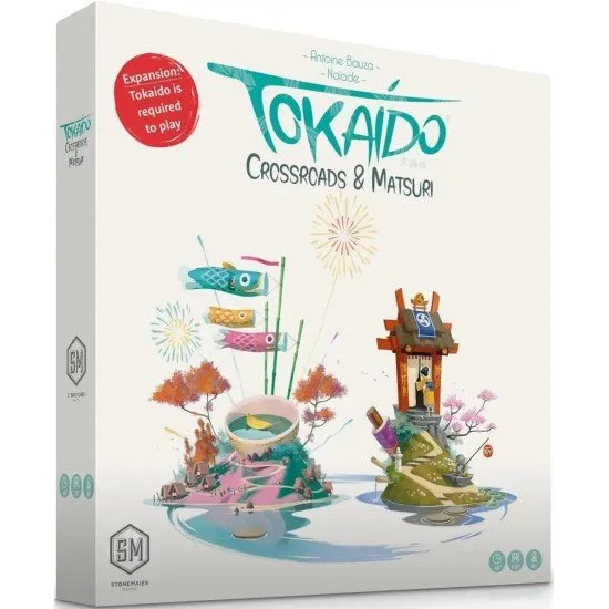 Tokaido: Crossroads & Matsuri expansion box cover featuring artwork of travellers, festivals, and new landmarks along the Tokaido road