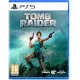 A PlayStation 5 game case featuring Lara Croft swinging from a grappling hook over a deep subterranean chasm filled with ancient Egyptian statues