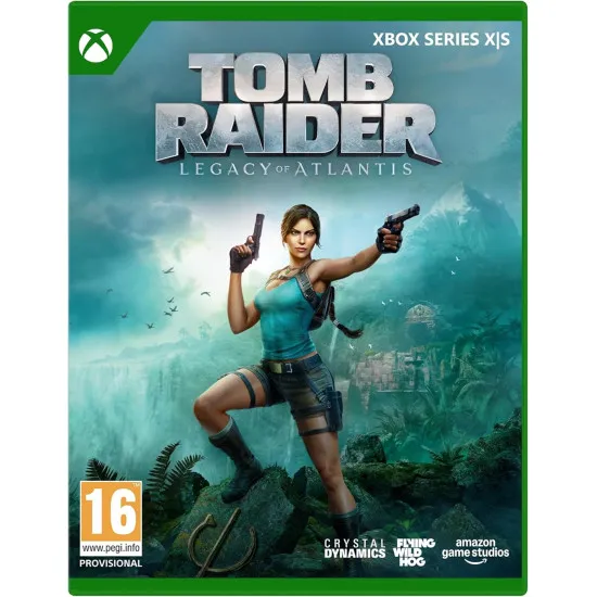 An Xbox Series X game case showing Lara Croft holding her iconic dual pistols while standing at the entrance of a massive, overgrown temple ruin