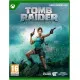 An Xbox Series X game case showing Lara Croft holding her iconic dual pistols while standing at the entrance of a massive, overgrown temple ruin