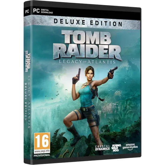 A PC game box display showing Lara Croft standing confidently under a sunbeam shining through a ruined skylight, holding a detailed ancient map