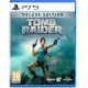 A premium PlayStation 5 game case showcasing Lara Croft swinging from a grappling hook past a giant stone waterfall inside a hidden cavern