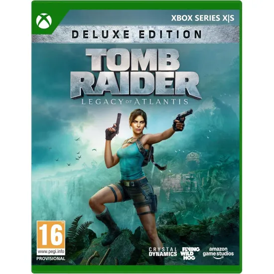 A luxury Xbox Series X game case displaying Lara Croft inspecting a glowing golden artifact inside an intricate, ancient stone vault
