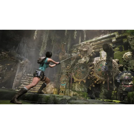A luxury Xbox Series X game case displaying Lara Croft inspecting a glowing golden artifact inside an intricate, ancient stone vault