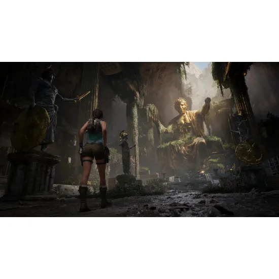 A luxury Xbox Series X game case displaying Lara Croft inspecting a glowing golden artifact inside an intricate, ancient stone vault