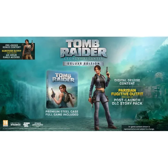 A premium PlayStation 5 game case showcasing Lara Croft swinging from a grappling hook past a giant stone waterfall inside a hidden cavern