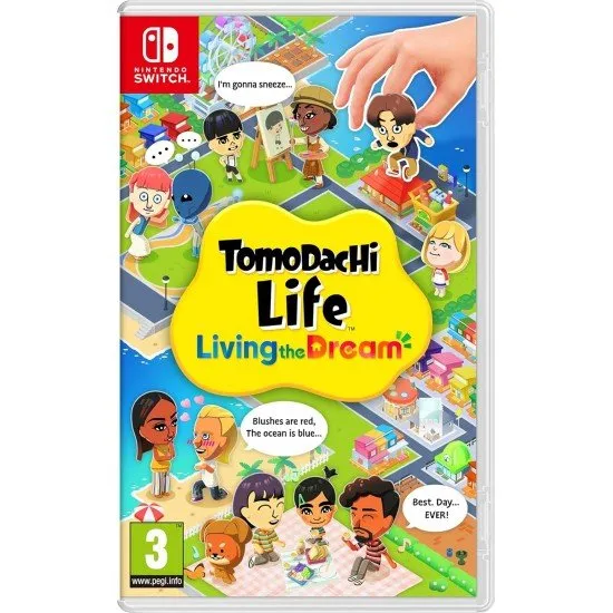 Tomodachi Life Living the Dream Switch box art featuring a vibrant island and various Miis