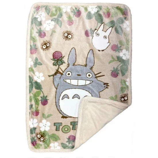 My Neighbor Totoro Raspberry Blanket showing the grey Totoro character against a red background with raspberries