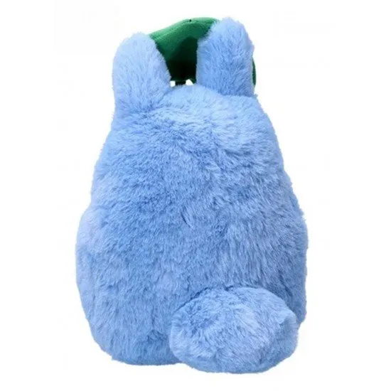 Medium Blue Totoro plush holding a green fabric leaf in its paws