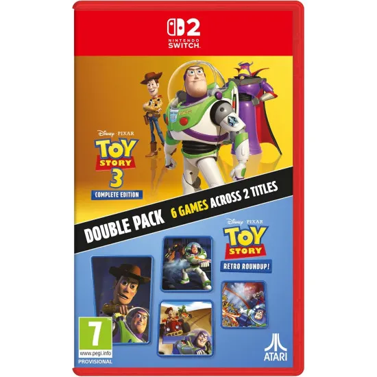 A Nintendo Switch 2 game case showing Buzz Lightyear flying through a high-definition canyon while Woody rides Bullseye through a bustling toy sandbox town