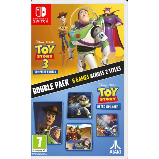 A Nintendo Switch game case displaying Woody and Buzz Lightyear waving next to a retro arcade cabinet and a 3D wild west sandbox landscape
