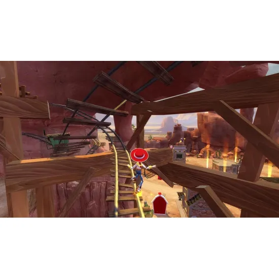 A Nintendo Switch game case displaying Woody and Buzz Lightyear waving next to a retro arcade cabinet and a 3D wild west sandbox landscape
