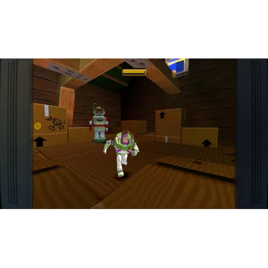 A Nintendo Switch game case displaying Woody and Buzz Lightyear waving next to a retro arcade cabinet and a 3D wild west sandbox landscape