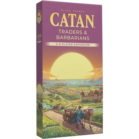 CATAN Traders & Barbarians 5-6 Player Expansion box art showing extra colored game pieces and cards next to the main expansion box