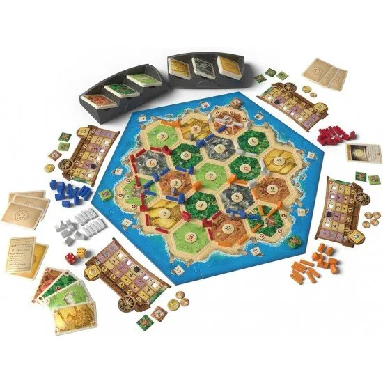 CATAN Traders & Barbarians 6th Edition box art showing new game components, merchant caravans, and barbarians threatening settlements