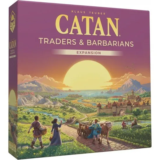 CATAN Traders & Barbarians 6th Edition box art showing new game components, merchant caravans, and barbarians threatening settlements