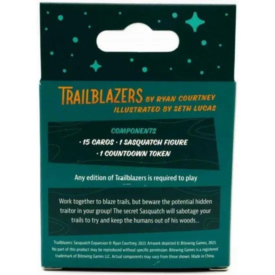 Trail cards being placed in a shared central area with a shadowy Sasquatch figure depicted on a card