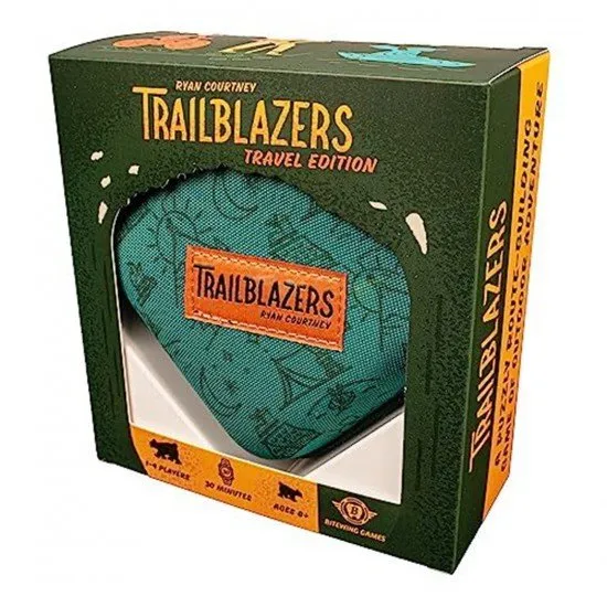 A portable set of trail cards showing winding paths and colourful campsites on a table