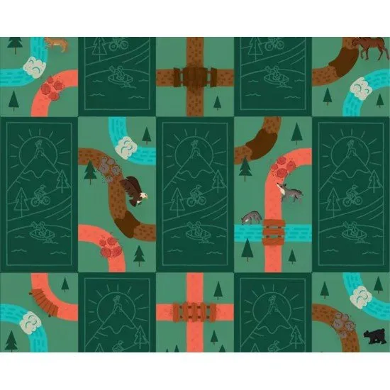 A vibrant tabletop display of trail cards forming colourful hiking and kayaking loops around campsites