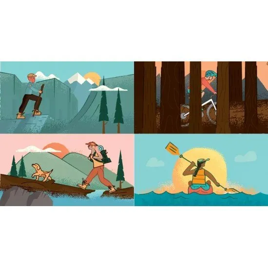 A vibrant tabletop display of trail cards forming colourful hiking and kayaking loops around campsites