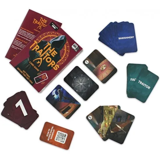 The Traitors Card Game box featuring the iconic hooded figure and gold coin imagery