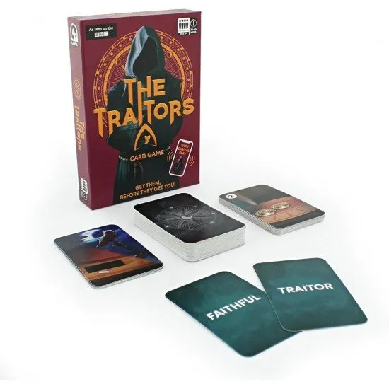 The Traitors Card Game box featuring the iconic hooded figure and gold coin imagery