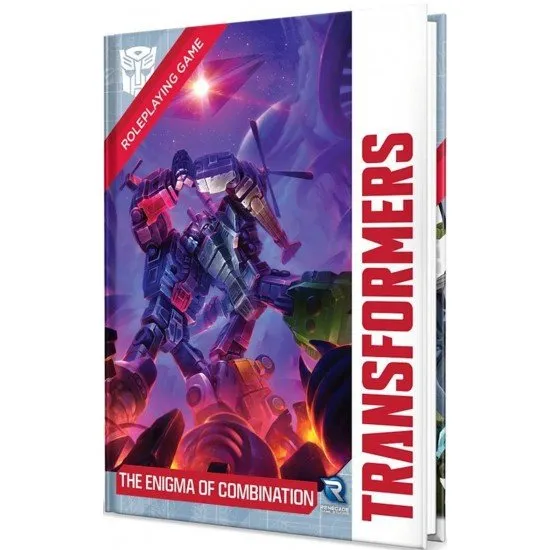 Transformers RPG The Enigma of Combination Sourcebook cover art featuring a massive Combiner Gestalt form (likely Devastator or Superion) in battle