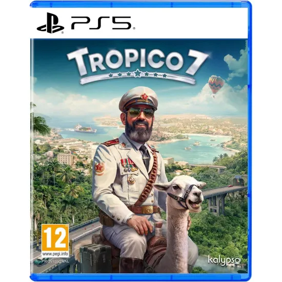 PlayStation 5 game case for Tropico 7 featuring El Presidente standing proudly over a tropical island metropolis