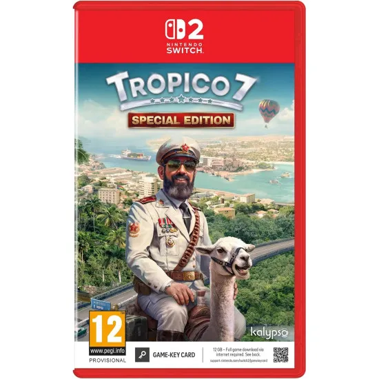 Nintendo Switch 2 game case for Tropico 7 featuring El Presidente standing proudly over a tropical island metropolis
