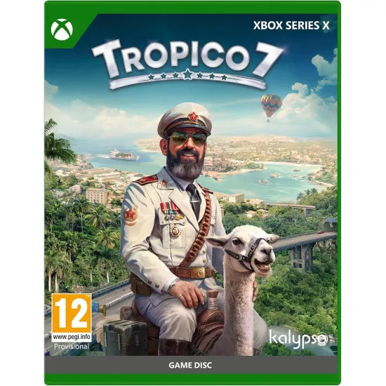 Xbox Series X game case for Tropico 7 featuring El Presidente standing proudly over a tropical island metropolis