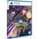 A PlayStation 5 game case showcasing a high-tech starfighter navigating a dense field of glowing enemy projectiles and mechanical serpent adversaries