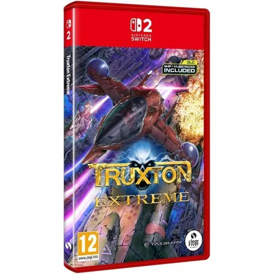 A Nintendo Switch 2 game case showing a sleek sci-fi fighter spaceship blasting colorful laser beams at giant mechanical insectoid alien bosses in deep space