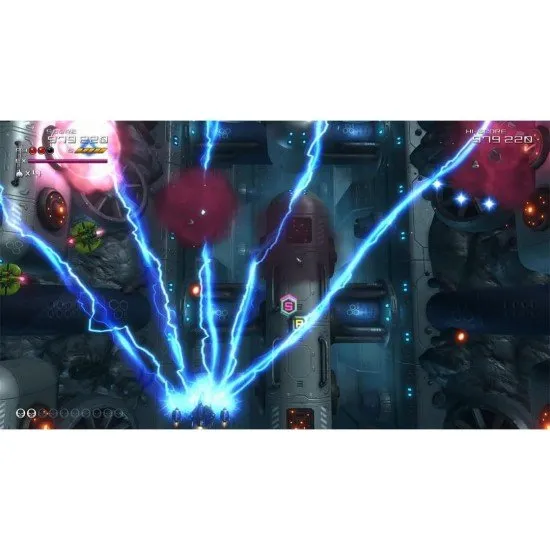 A PlayStation 5 game case showcasing a high-tech starfighter navigating a dense field of glowing enemy projectiles and mechanical serpent adversaries