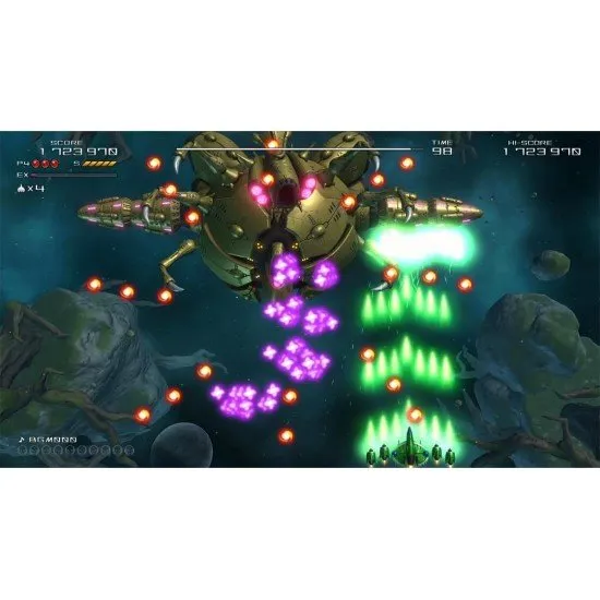 A PlayStation 5 game case showcasing a high-tech starfighter navigating a dense field of glowing enemy projectiles and mechanical serpent adversaries