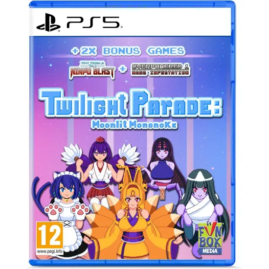 PlayStation 5 game case for Twilight Parade: Moonlit Mononoke showing pixel art yokai girls dodging bullet hell waves