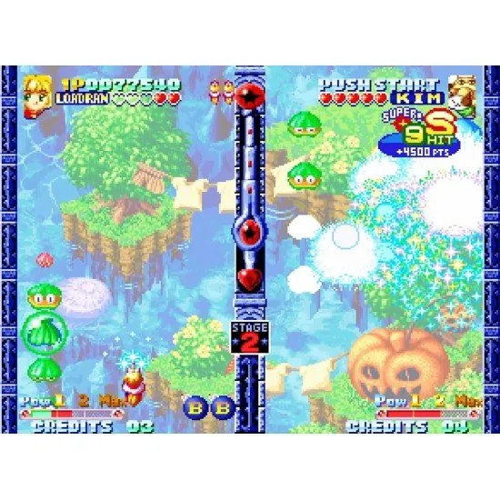 Two cute magical characters engaged in a split-screen competitive shooting match filled with colourful projectiles