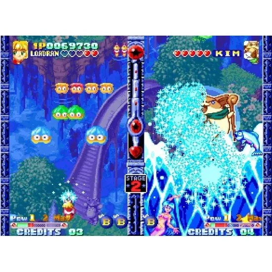 Two cute magical characters engaged in a split-screen competitive shooting match filled with colourful projectiles