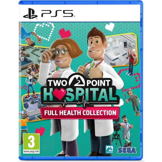 PlayStation 5 game case for Two Point Hospital Full Health Collection displaying quirky hospital characters and medical room designs