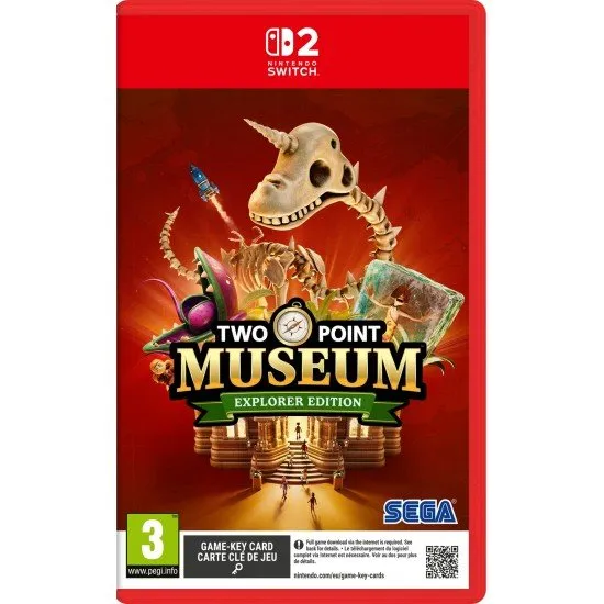 Two Point Museum Explorer Edition Switch 2 The box art for Two Point Museum Explorer Edition on Nintendo Switch 2, showing a cartoon explorer character and a variety of decorative and museum-themed items.