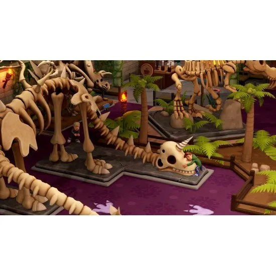 Two Point Museum Explorer Edition Switch 2 The box art for Two Point Museum Explorer Edition on Nintendo Switch 2, showing a cartoon explorer character and a variety of decorative and museum-themed items.