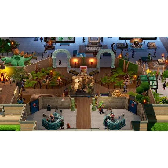 Two Point Museum Explorer Edition Switch 2 The box art for Two Point Museum Explorer Edition on Nintendo Switch 2, showing a cartoon explorer character and a variety of decorative and museum-themed items.