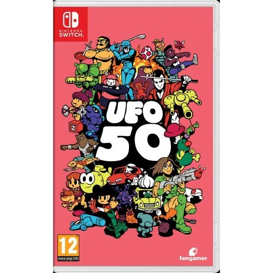 UFO 50 game cover showing a collage of 50 different retro-style game logos and characters