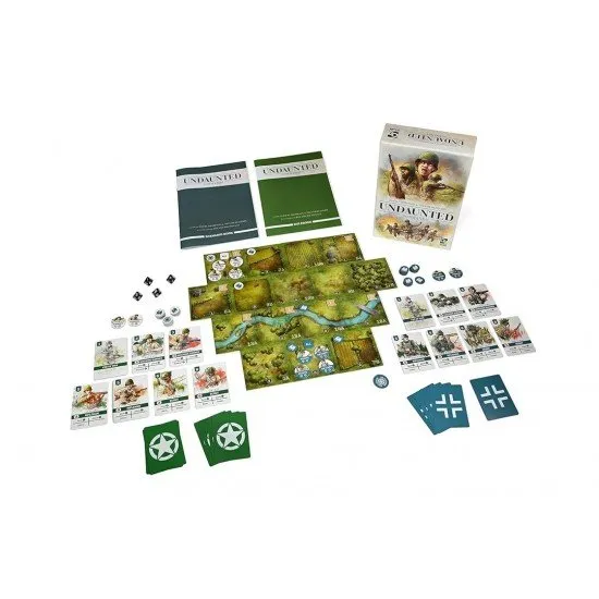 Illustrated cards featuring soldiers and officers alongside modular map tiles representing the French countryside