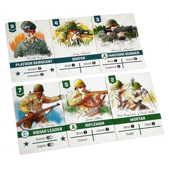 Illustrated cards featuring soldiers and officers alongside modular map tiles representing the French countryside