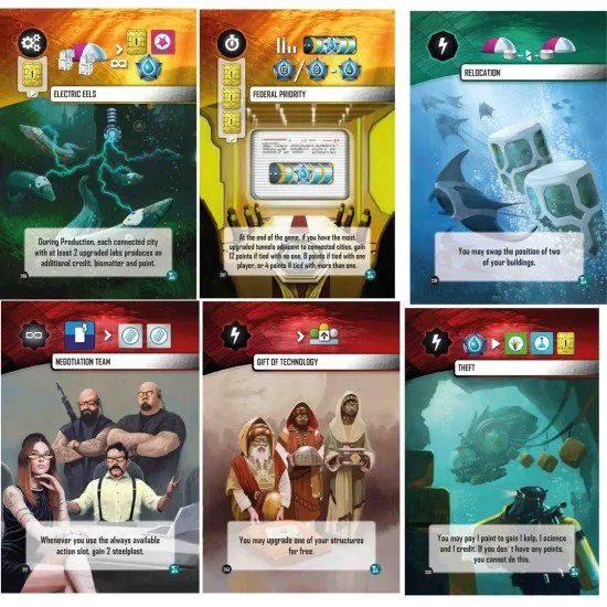 A collection of new double-sided player boards, green metropolis tokens, and a deck of fifty-two expansion cards for Underwater Cities