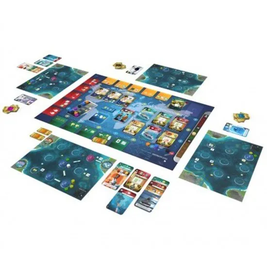 A detailed player board showing a network of underwater domes connected by tunnels and desalination plants