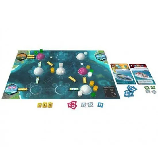 A detailed player board showing a network of underwater domes connected by tunnels and desalination plants