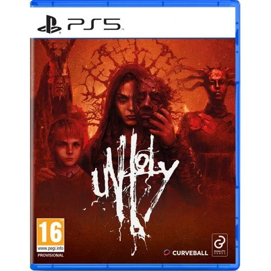 The box art for the game Unholy on PS5, featuring a menacing figure wearing a twisted, grotesque mask with glowing eyes.
