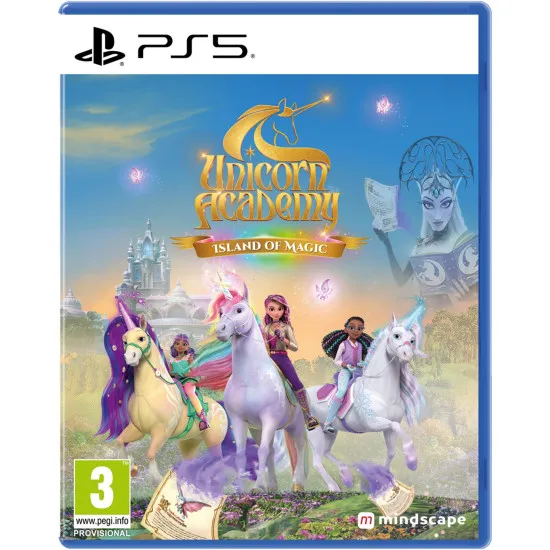 A PlayStation 5 game case showing a customisable student rider and a majestic white unicorn with a glowing purple horn standing before a grand magical castle school