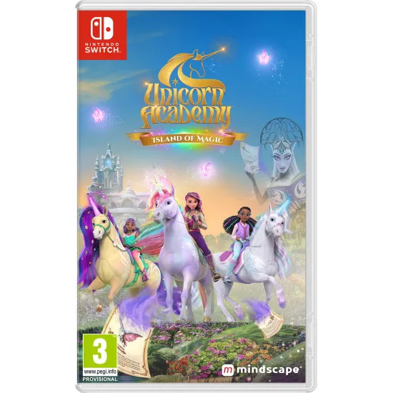 A Nintendo Switch game case featuring Sophia and her unicorn Wildstar leaping across a glittering stream on a lush magical island frontier
